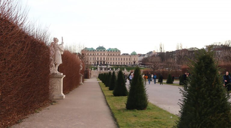Exterior view of the Belvedere Palace showing baroque architecture and formal gardens in Vienna