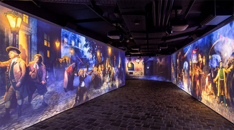 Virtual exhibition display inside the Mythos Museum in Vienna showing immersive multimedia installations and themed digital content