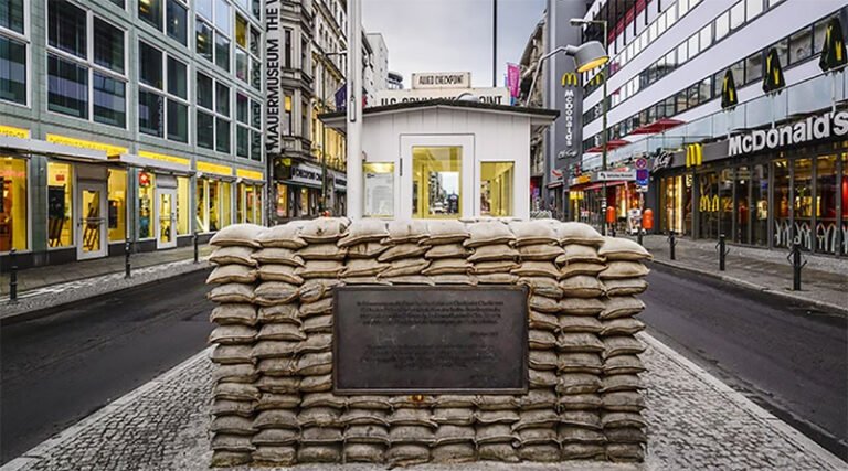 Historic Checkpoint Charlie crossing point in Berlin associated with the Cold War and the Berlin Wall