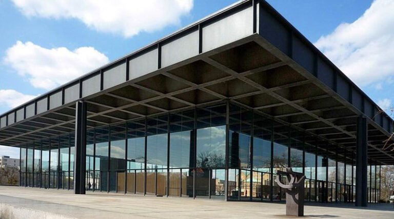 Exterior of the Neue Nationalgalerie in Berlin showcasing modernist architecture and art space