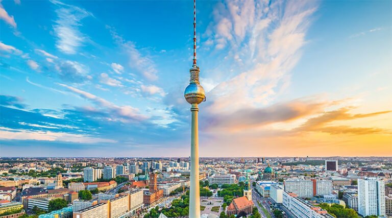 The Berlin TV Tower rising above the skyline of Berlin