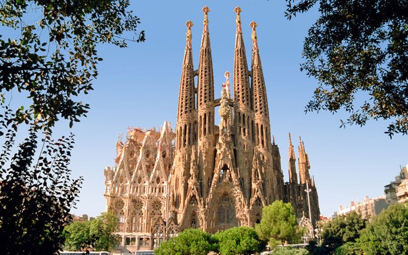 Exterior view of Sagrada Familia, Antoni Gaudí’s famous basilica in Barcelona.