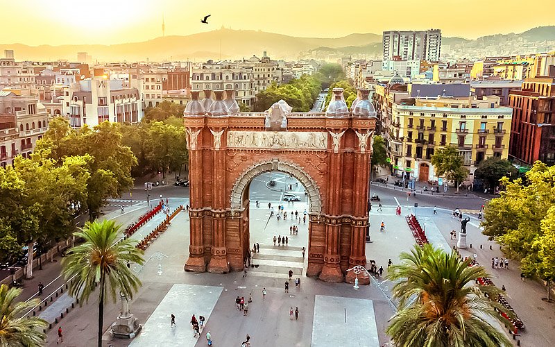 Aerial view of The Arc of the Triumph in Barcelona, Spain Aerial view of Arc de Triomf and nearby streets in Barcelona, Spain.