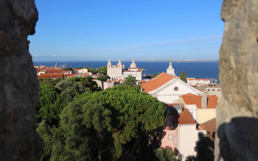 LISBON, PORTUGAL View from São Jorge Castle overlooking a historic monastery and the city of Lisbon