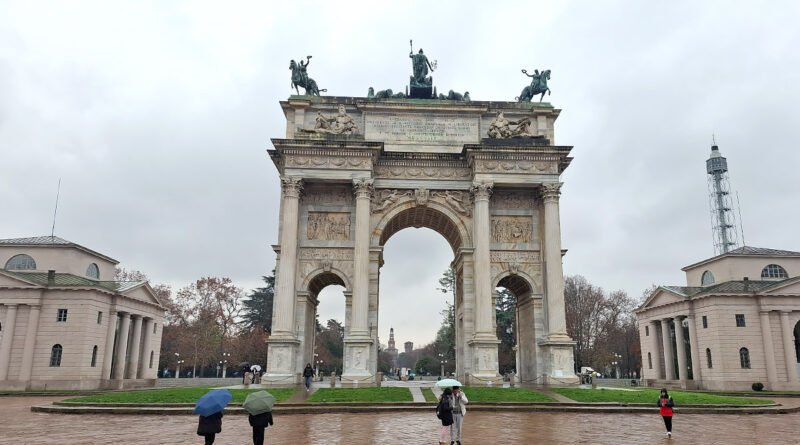 Arco della Pace in Milan, a neoclassical triumphal arch set against the urban landscape.