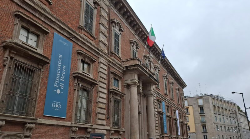 Exterior of the Pinacoteca di Brera in Milan, showing its historic neoclassical facade and grand entrance.