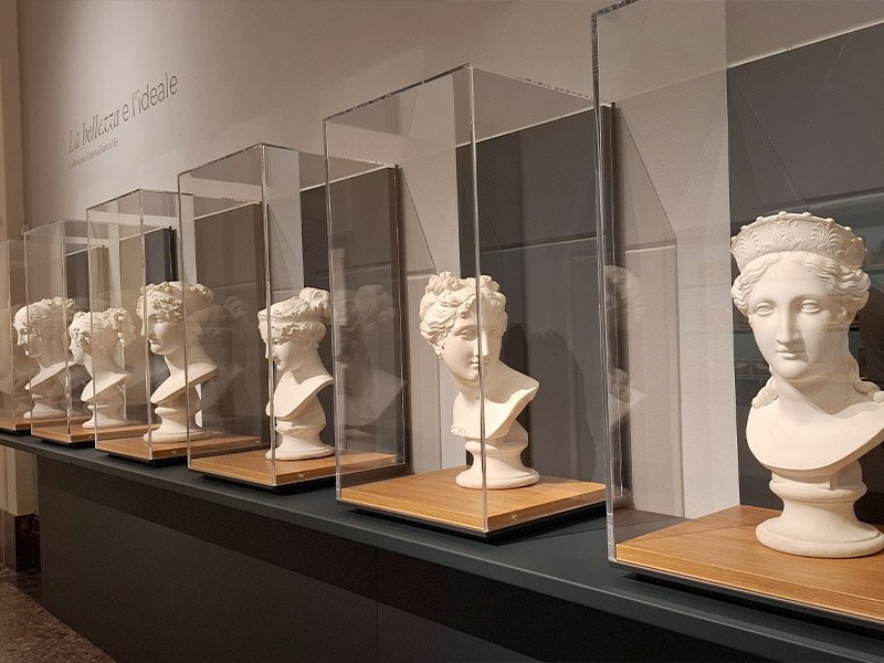 Neoclassical plaster bust of a female figure at the entrance of Pinacoteca di Brera in Milan, exemplifying Antonio Canova’s artistic style.