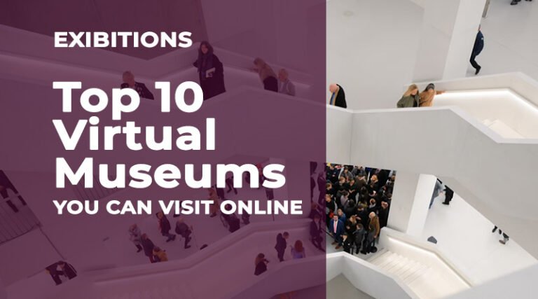 Illustrative image representing virtual museum tours, featuring digital screens, artwork, and immersive online exhibition elements.