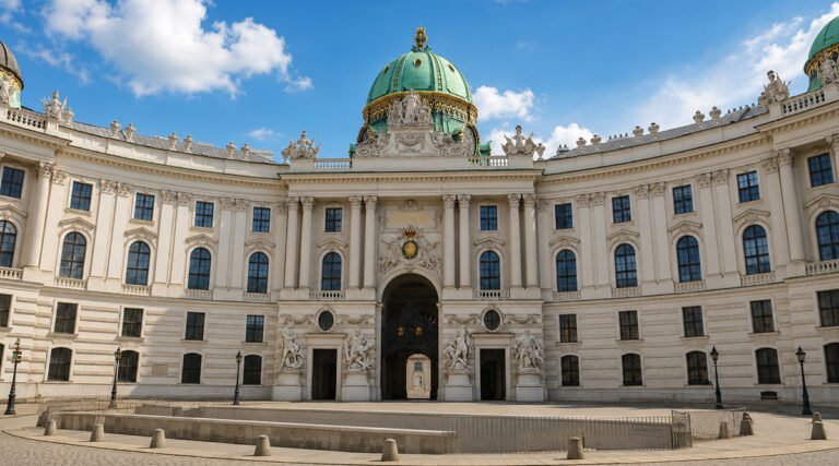 Hofburg Palace in Vienna, Austria, with its iconic green dome and Baroque architecture on a sunny day, viewed from Michaelerplatz.