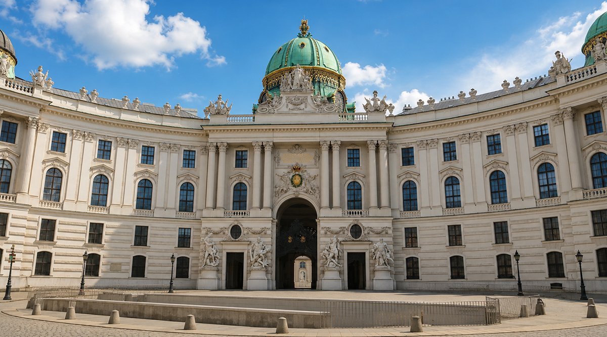 Hofburg Palace in Vienna, Austria, with its iconic green dome and Baroque architecture on a sunny day, viewed from Michaelerplatz.
