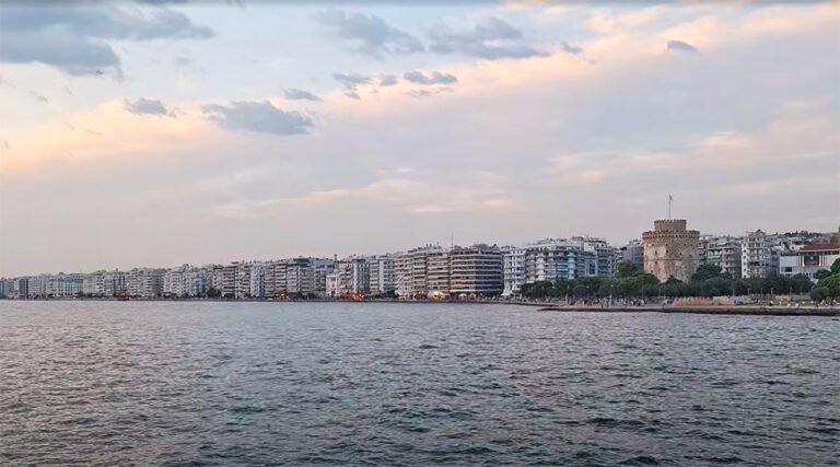 View of Thessaloniki waterfront from the water bus across the Thermaic Gulf