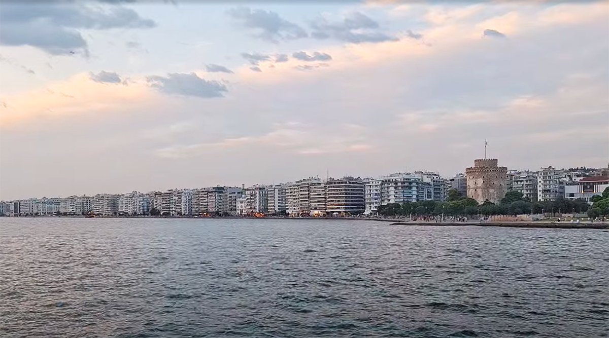 View of Thessaloniki waterfront from the water bus across the Thermaic Gulf
