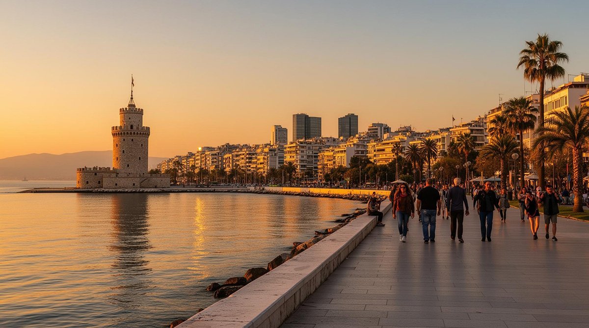 Sunset over the Thessaloniki waterfront with the White Tower in the background