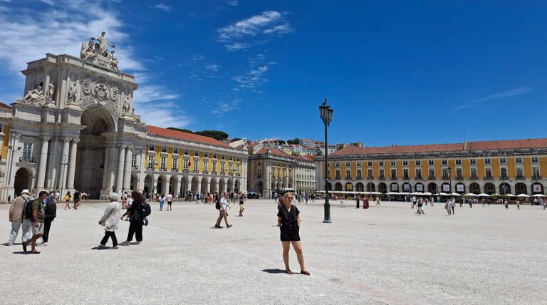 Exploring Lisbon's main square during my trip to Portugal