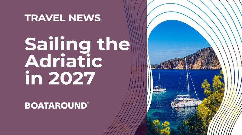 Sailing boat off the Dalmatian coast of Croatia with historic coastal towns and the Adriatic Sea in the background.